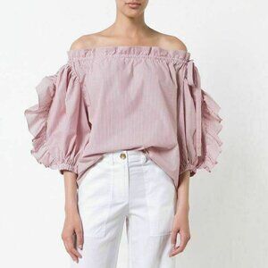 Robert Rodriguez Ruffle Puff Sleeve Stripe Off Shoulder Cotton Shirt Small Red